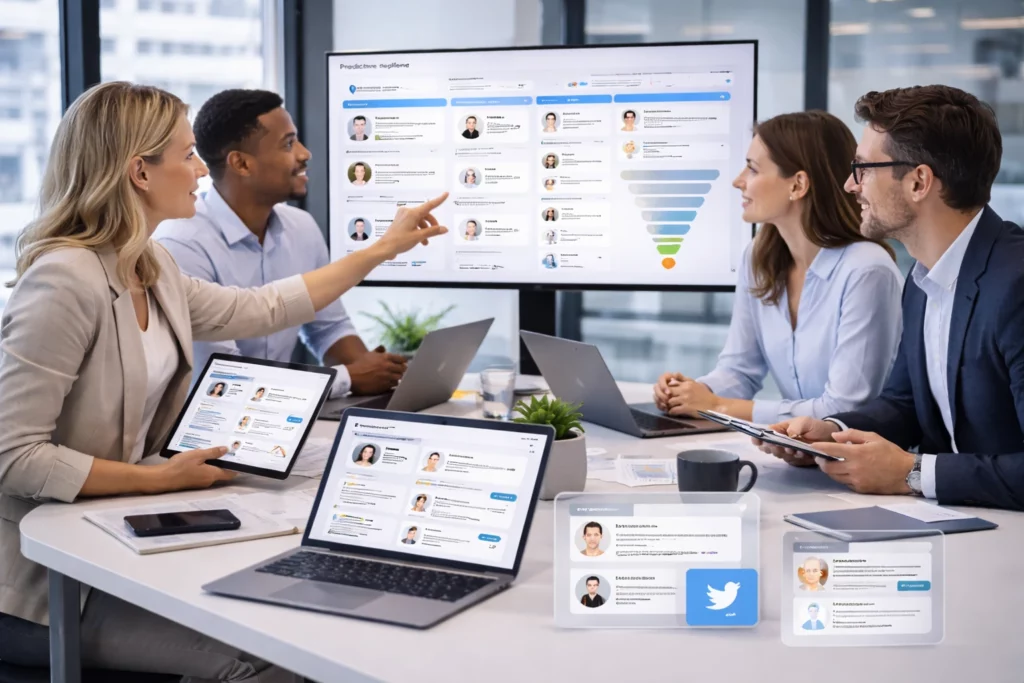 Active Sourcing im Recruiting: HR-Team analysiert Kandidatenprofile und Outreach-Prozesse