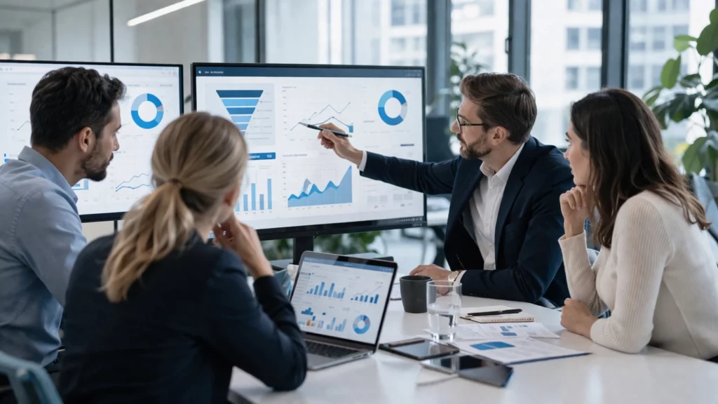 Vertriebsteam analysiert typische Fehler bei der Akquise neuer Kunden im B2B-Vertrieb