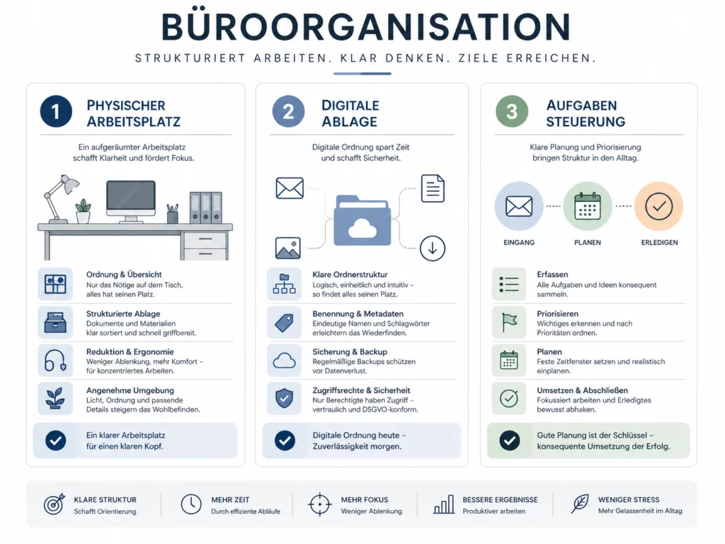 Infografik zur Büroorganisation mit Schreibtisch, digitaler Ablage und Aufgabenplanung