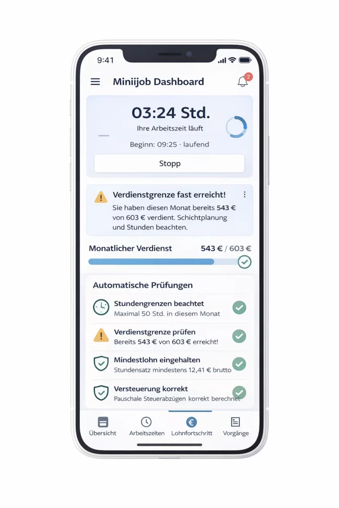 App-basierte Zeiterfassung für Geringfügige Beschäftigung mit automatischer Prüfung von Stunden und Verdienstgrenze