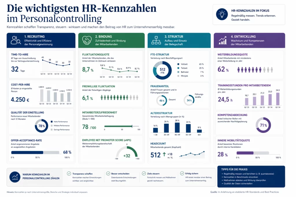 Infografik zu Personalcontrolling-Kennzahlen mit den wichtigsten Kennzahlen im Personalcontrolling