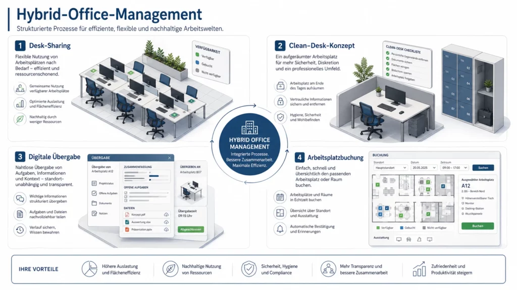Grafik zu Organisation im Büro mit Desk-Sharing und Clean-Desk-Konzept im Hybrid Office