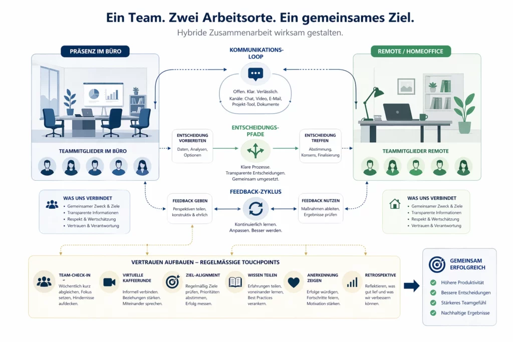Diagramm zur hybriden Teamführung zwischen Homeoffice und Präsenz für moderne Führung im Team