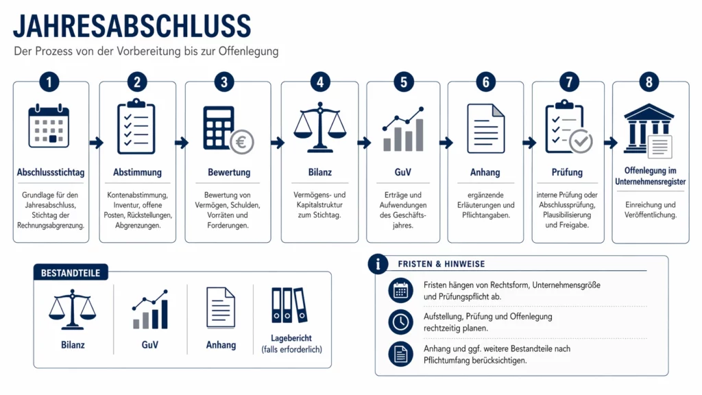 Infografik zum Jahresabschluss mit Ablauf, Fristen und Bestandteilen im Rechnungswesen