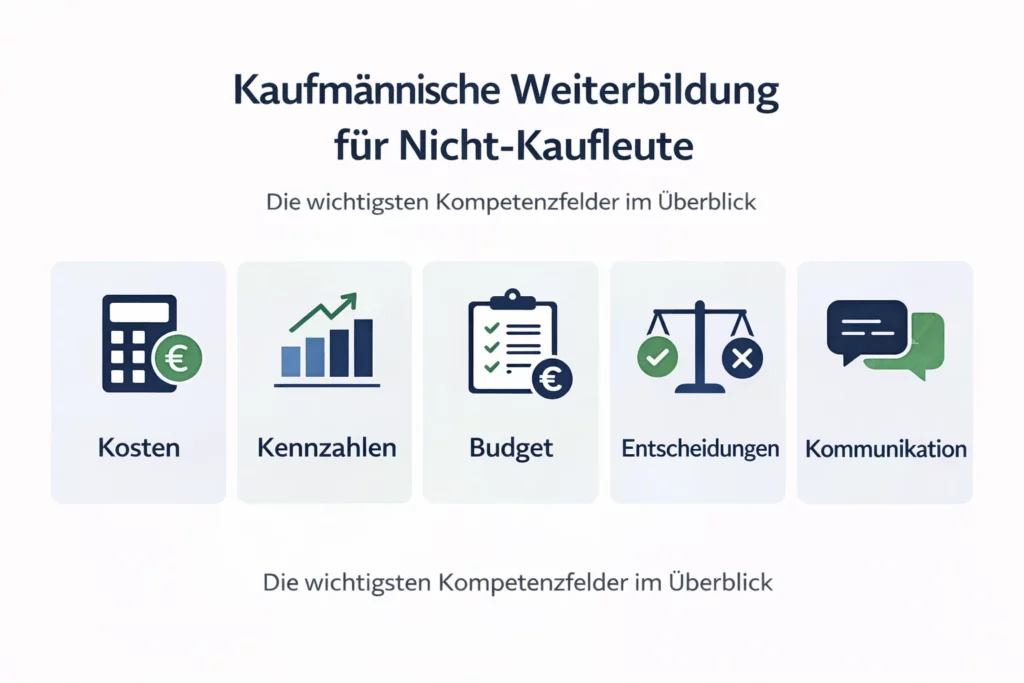 Infografik zur Kaufmännischen Weiterbildung mit den wichtigsten Kompetenzfeldern für Nicht-Kaufleute