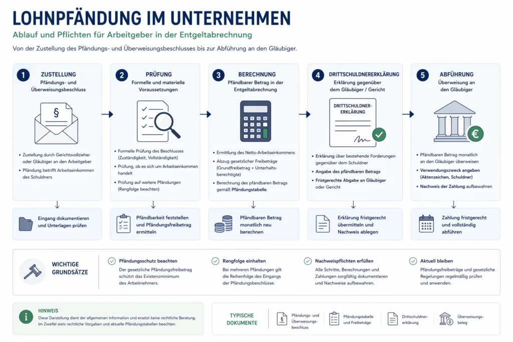 Prozessgrafik zur Lohnpfändung mit Pfändung beim Arbeitgeber und Schritten in der Entgeltabrechnung