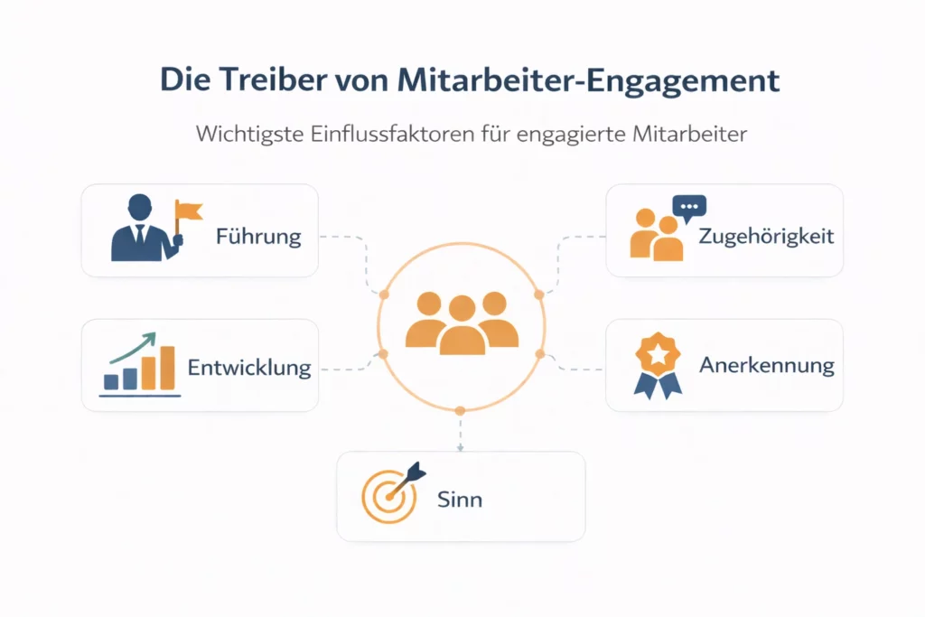 Infografik zu Mitarbeiter-Engagement mit den wichtigsten Einflussfaktoren für engagierte Mitarbeiter