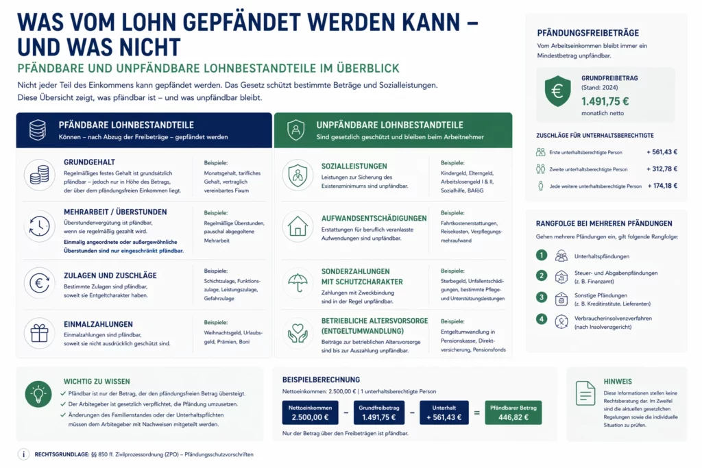 Infografik dazu, was nicht pfändbar vom Lohn ist und wann Überstunden pfändbar sind