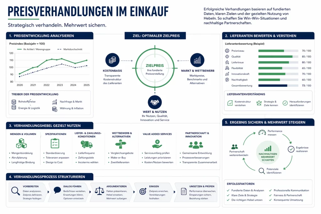 Verhandlungsstrategien im Einkauf als Infografik mit Preishebeln, Zielpreis und Lieferantenbewertung