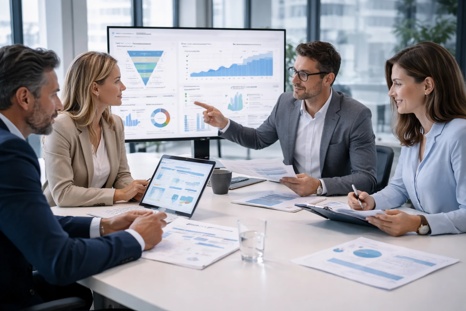 Sales Management im Unternehmen: Führungsteam analysiert Vertriebskennzahlen und sales management aufgaben