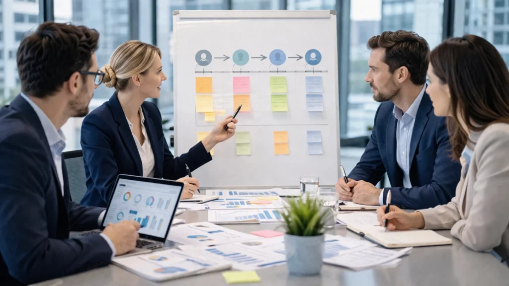 Phasen im Verkaufsgespräch: Vertriebsteam plant den Ablauf eines professionellen Verkaufsgesprächs