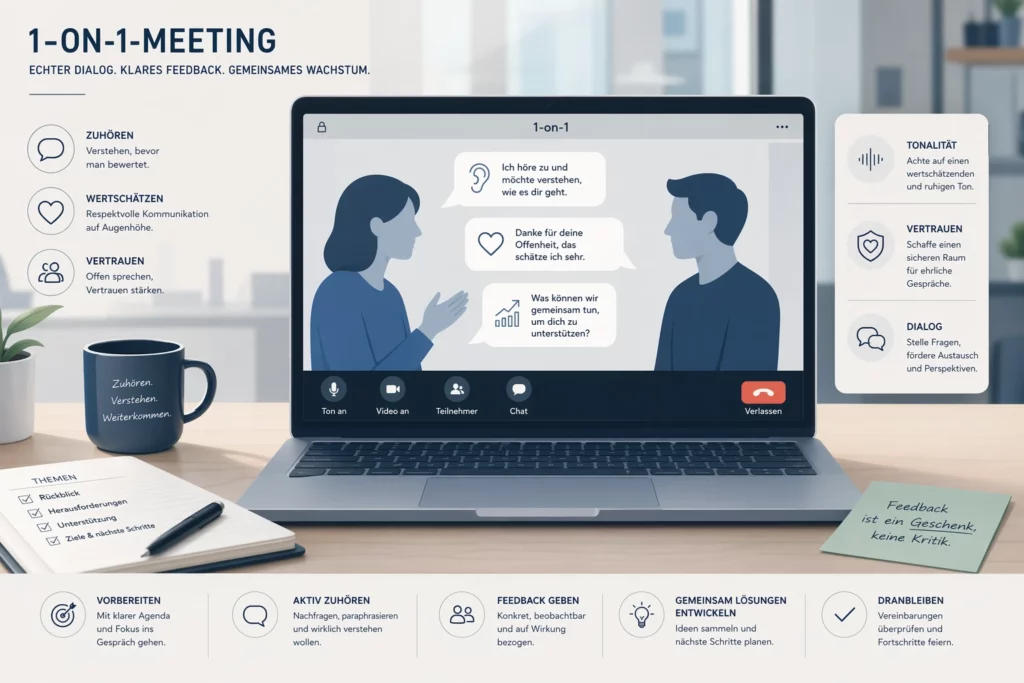 Virtuelles Feedbackgespräch in einem hybriden Team mit Fokus auf klare Kommunikation