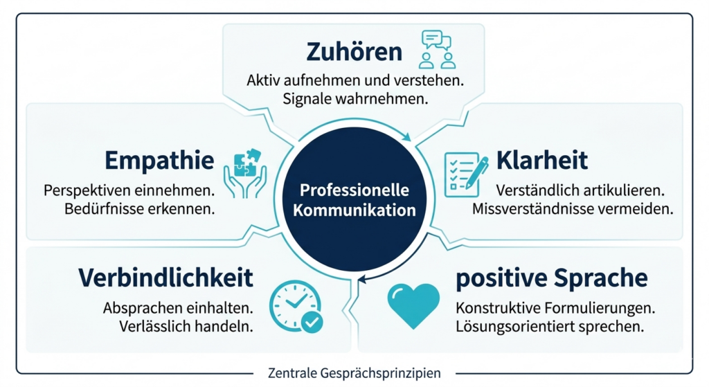 Infografik zu professioneller Kommunikation mit Kunden und zentralen Gespr&auml;chsprinzipien