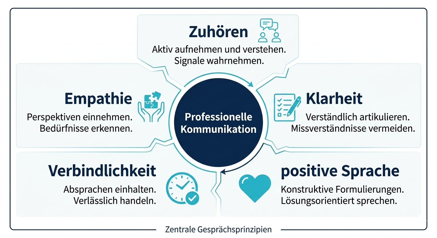 Infografik zu professioneller Kommunikation mit Kunden und zentralen Gesprächsprinzipien