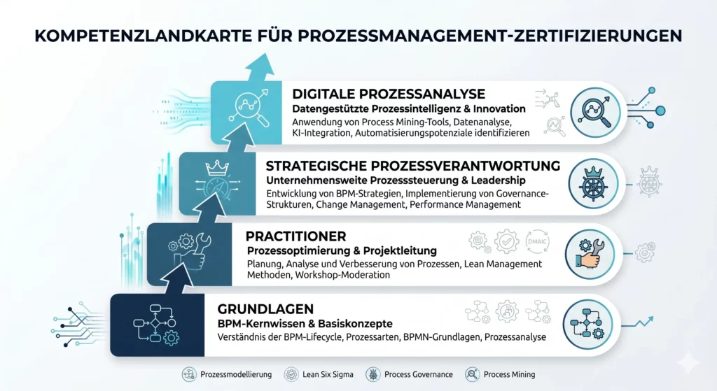 Infografik zur Auswahl einer Prozessmanagement-Zertifizierung nach Kompetenzniveau
