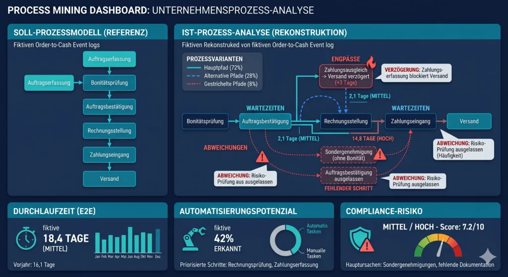 Process-Mining-Dashboard zum Vergleich von Soll-Prozess und Ist-Prozess