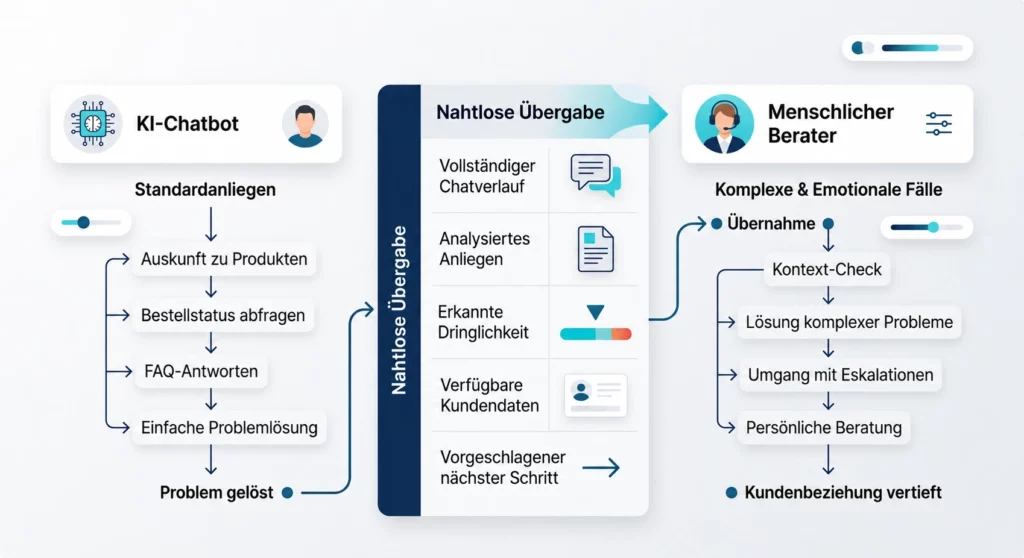 Diagramm zur &Uuml;bergabe zwischen KI-Chatbot und menschlichem Berater in der Kundenkommunikation