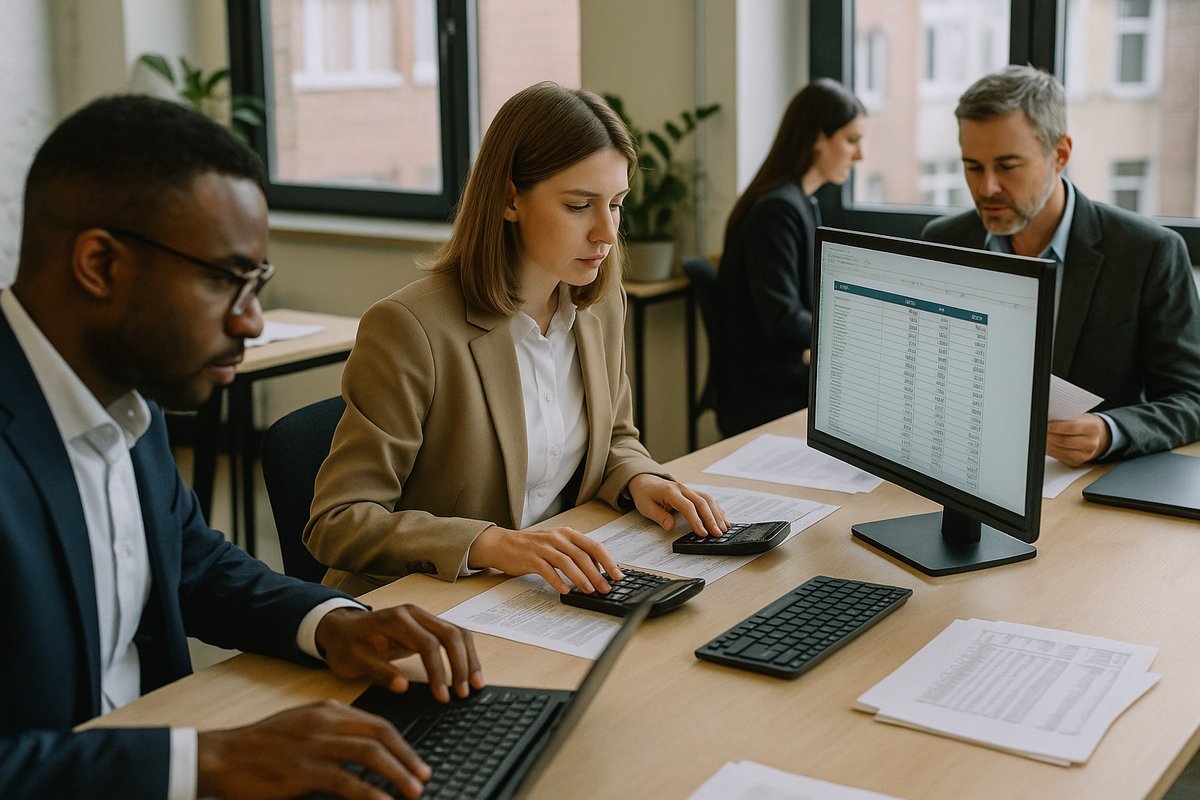 Buchhalter arbeiten mit digitaler Software im modernen B&uuml;ro