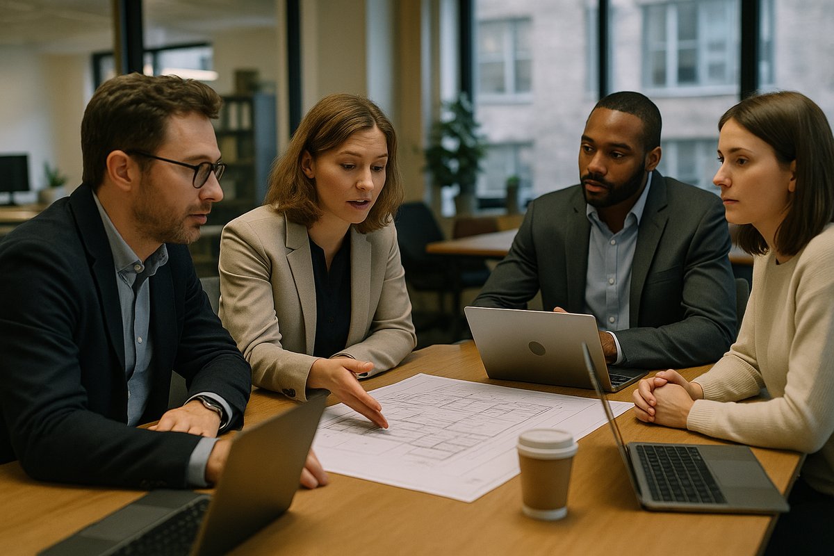 Projektleiter diskutiert Projektmanagement KMU mit Team