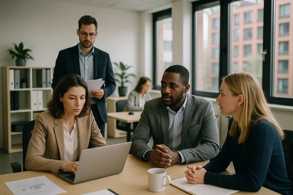 Team aus IT- und Marketing-Experten arbeitet an einem Projekt.