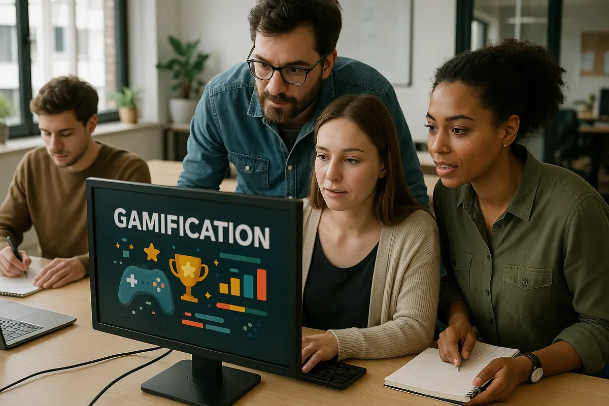 Mitarbeitende arbeiten an einem Gamification-Projekt zur Motivation am Arbeitsplatz.