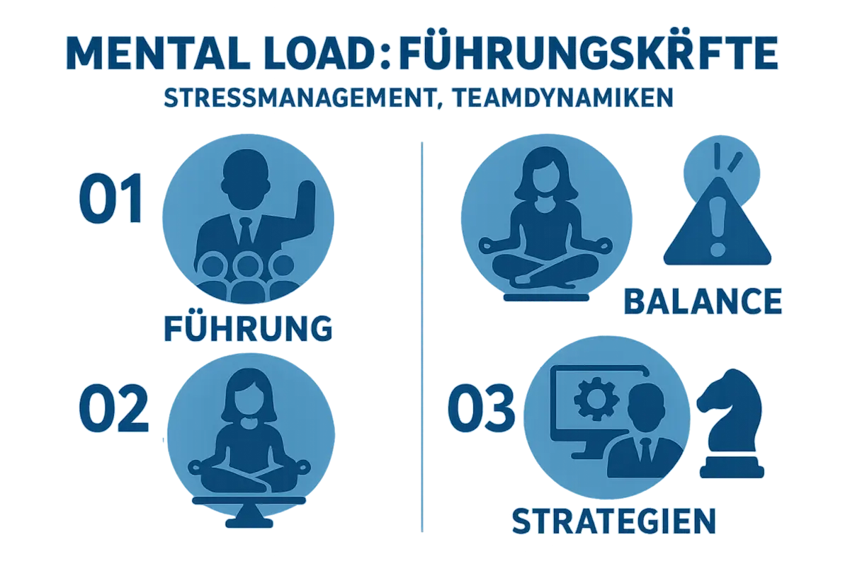 Infografik über Mental Load bei Führungskräften mit Fokus auf Stressmanagement und Teamdynamiken