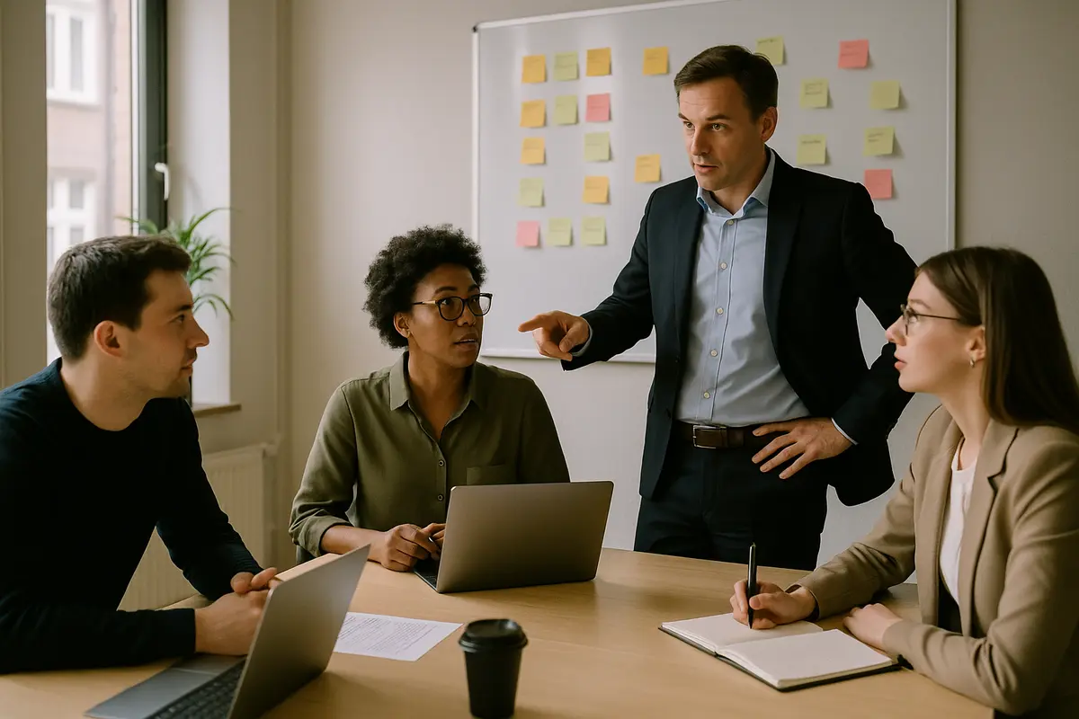 Teammeeting zur Aufgabenpriorisierung, um Mental Load bei Führungskräften zu reduzieren