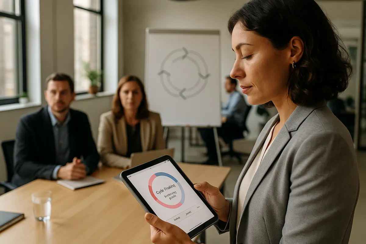 Führungskraft nutzt App zur Zyklusverfolgung bei der Arbeit