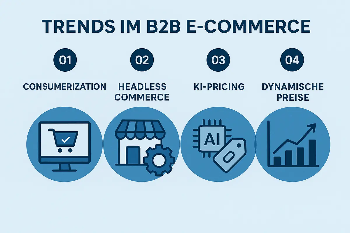 Infografik zu den Trends im B2B-E-Commerce, darunter Consumerization und KI-Pricing.