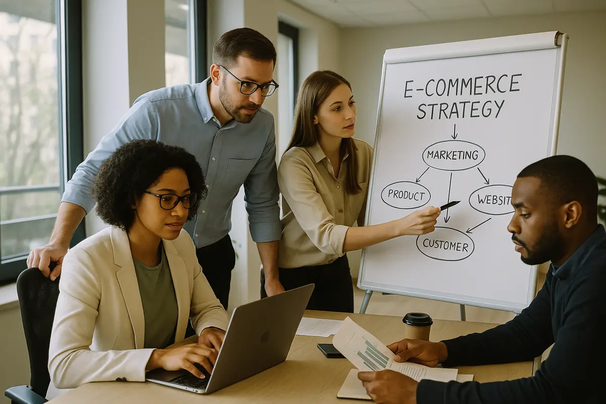Fachleute arbeiten an einer B2B-E-Commerce-Strategie in einem modernen B&uuml;ro.