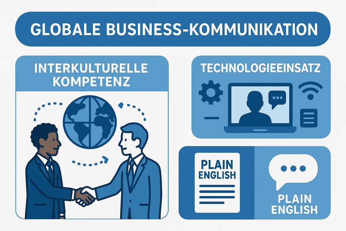 Infografik zu Globale Business-Kommunikation mit Fokus auf interkulturelle Kompetenz und Technologie.