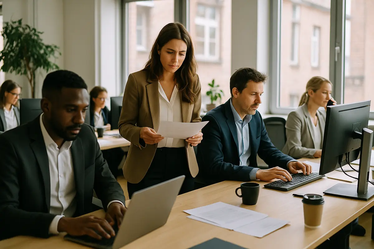 Geschäftsführer nutzt LinkedIn für Social Media Kommunikation im Büro.