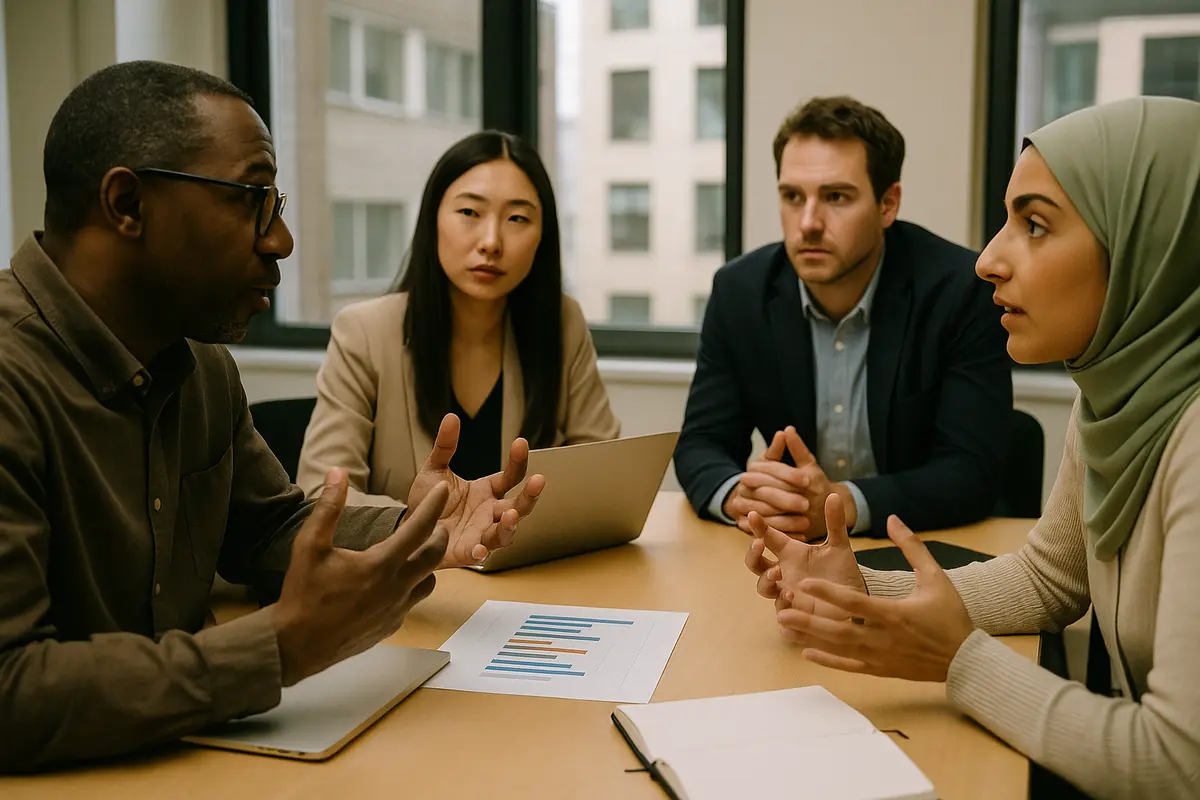 Internationale Geschäftsleute diskutieren kulturelle Unterschiede im internationalen Business.