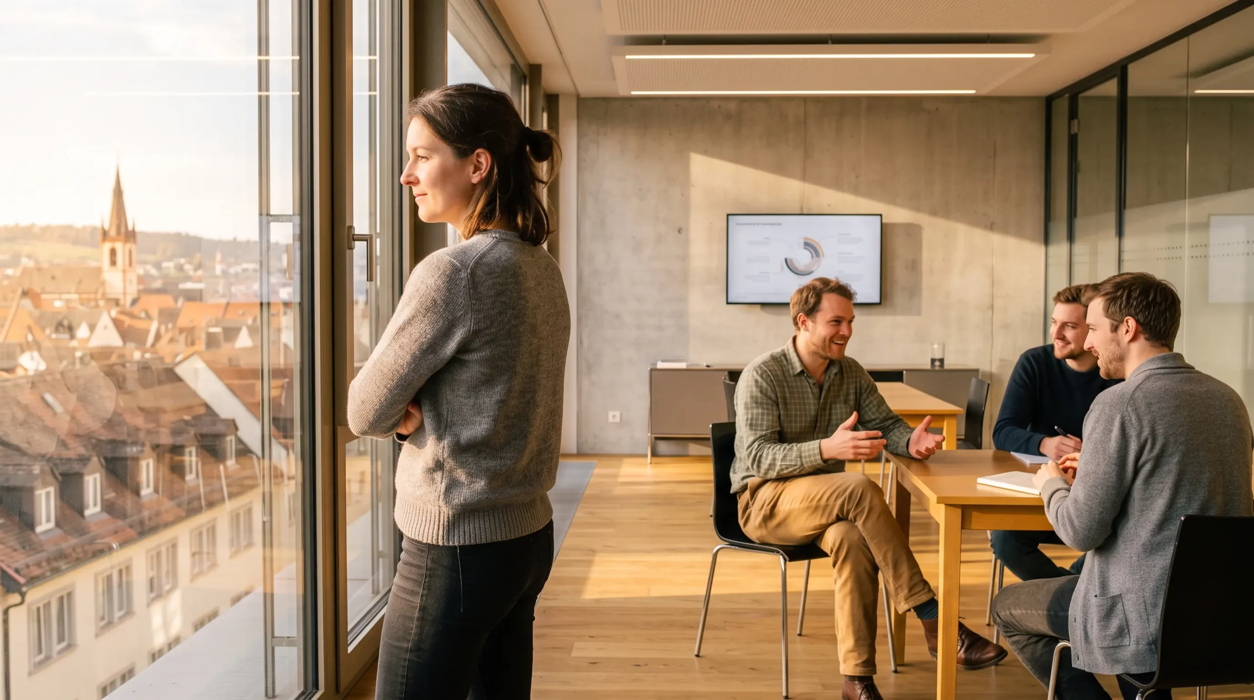 F&uuml;hrungskraft am Fenster im Gespr&auml;ch mit zwei Kollegen, Momentaufnahme aus dem Alltag im Top-Management