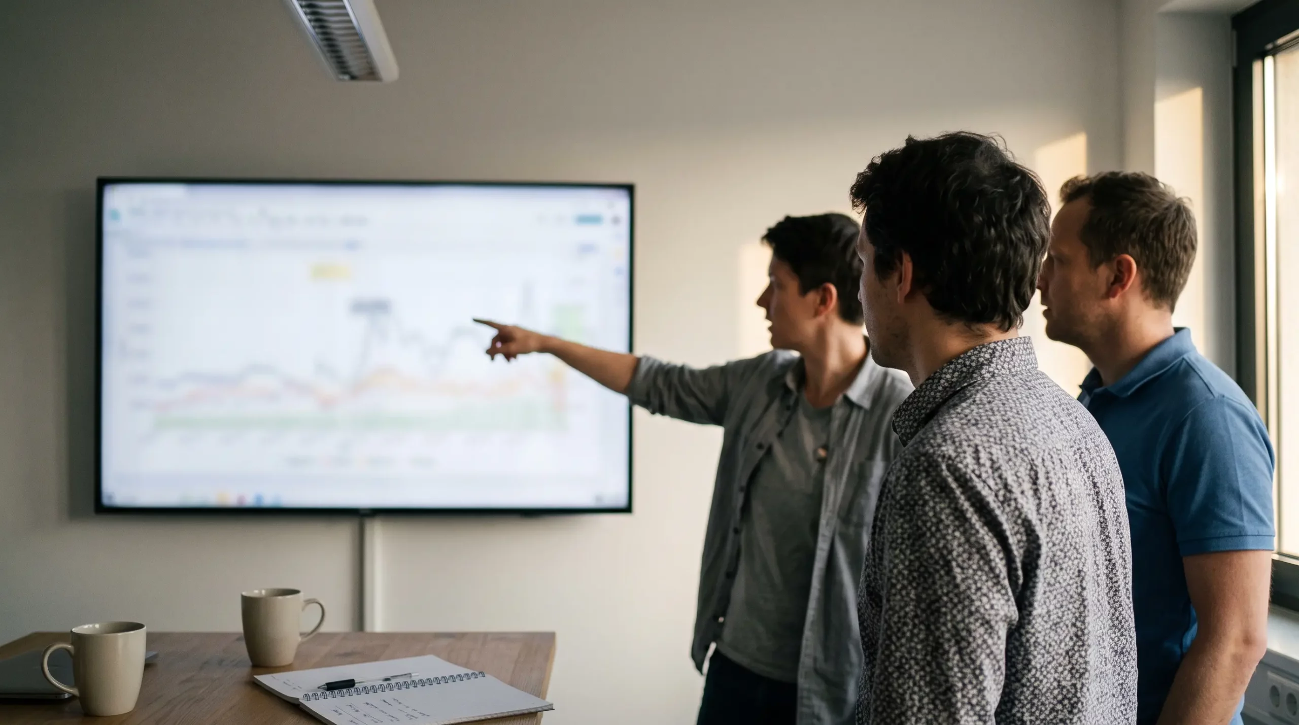 Team im Gespr&auml;ch vor einer Wand mit unscharfen Diagrammen, Szene aus dem monatlichen Reporting